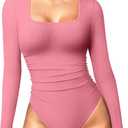 OQQ Women's Bodysuits Ruched Long Sleeve Square Neck Lounge Stretch Travel Bodysuits  Dry Rose, Medium