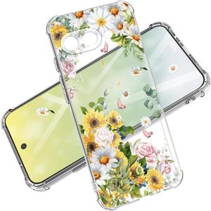 for Google Pixel 9A Case Camera Lens Protector, [Flowers Slim]+[Anti-Drop Shockproof Protective] Soft TPU Women Stylish Pixel 9A Phone Covers 6.285 InchSunshine Blossom