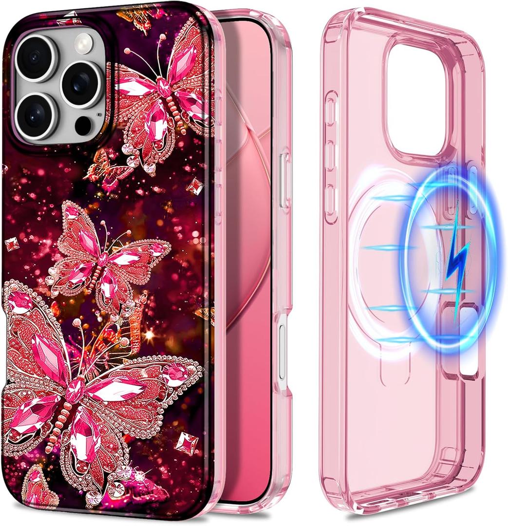 Hekodonk for iPhone 16 Pro Max Case,Compatible with MagSafe,Glow in The Dark Full Body Rugged Protection Slim Shockproof Glossy Stylish Women Girls Case for iPhone 16 Pro Max 6.9 inch,Rose Gold