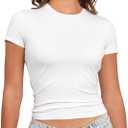 PALINDA Women's Short Sleeve Cropped Slim Fitted Tee Tops Basic Casual Workout Shirts Summer T Shirt (Medium)