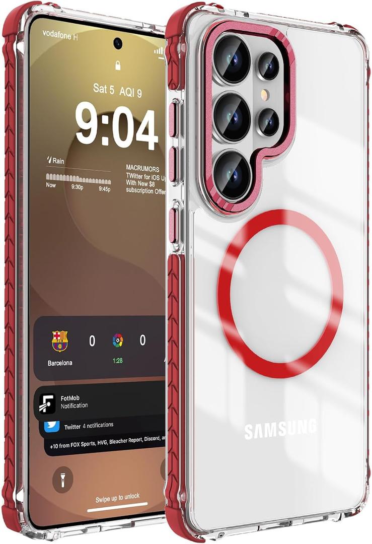 DEERLAMN Strong Magnetic Case for Samsung Galaxy S26 Ultra 6.9-Inch,[Compatible with Magsafe][Military Grade Drop Protection] Clear Slim Shockproof Protective Phone Cover, Transparent+Red