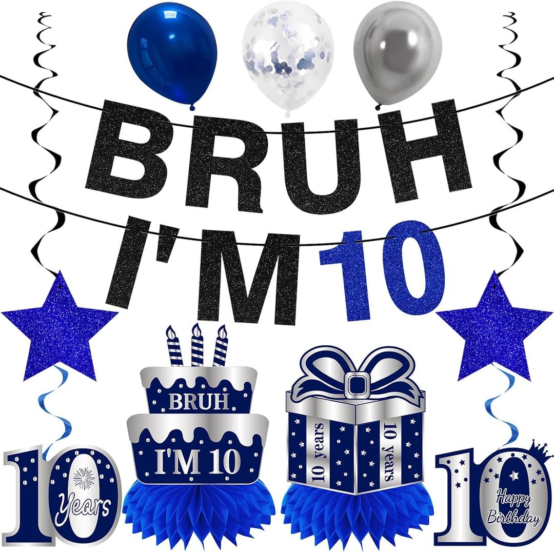 Kuxriox 11Pcs 10th Birthday Decorations for Boys Men, Blue Sliver Happy 10th Birthday Banner, Bruh I'm 10 Balloons Centerpieces Swirls Party Supplies, 10 Years Bday Banner Ceiling Table Topper Sign