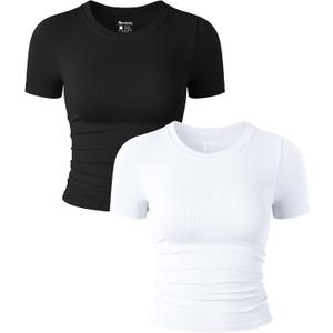 Womens 2 Piece Shirts Short Sleeve Crew Neck Ruched Stretch Fitted Tee Shirts Crop Tops (Small, Black,white)