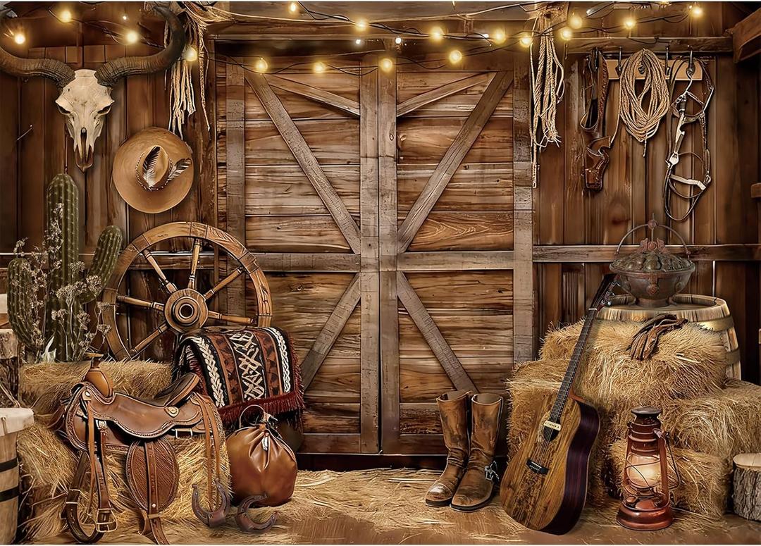 7 x 5 FT Rustic Western Barn Backdrop  Cowboy Country Farm Photography Background with Saddle, Hay, Boots, Lantern, and Wagon Wheel for Rodeo Parties, Western Birthday, and Barn-Themed Decorations