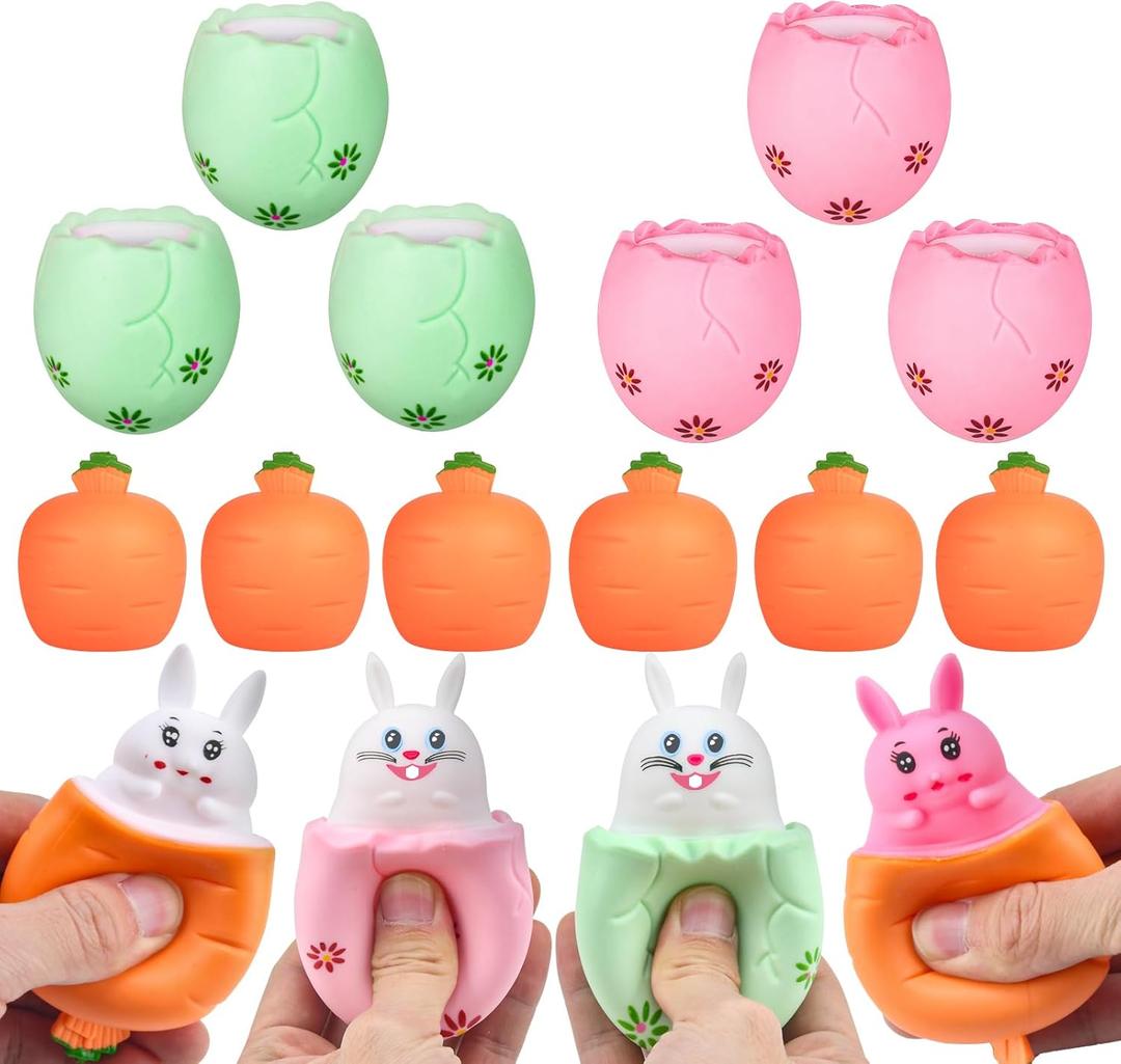 12Pcs Easter Eggs Squishy Bunny, Easter Basket Stuffers, Cute Rabbits Hide in Broken Easter Eggs or Carrots, Pop Up Carrot Bunny Stress Relief Squeeze Toys for Easter Eggs Hunt