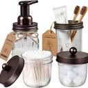 Amolliar Mason Jar Bathroom Accessories Set(4 Pack) - Foaming Soap Dispenser&Qtip Holder Set&Toothbrush Holder-Rustic Farmhouse Decor Bathroom Organizer Apothecary Jar Country Countertop (Bronze)