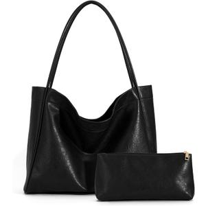 VOCUS Tote Bag for Women 2Pcs Large Casual PU Weekender Bag Soft Vegan Leather Shoulder Hobo Handbag Purse Travel Oversize (Black)