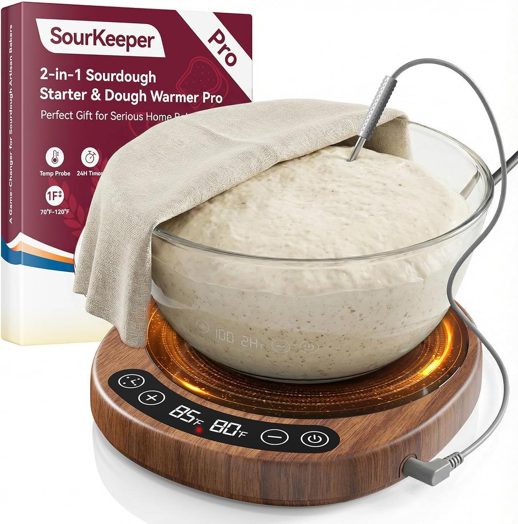 Pakusane SourKeeper, Larger 2-in-1 Sourdough Starter Warmer Pro - 2026 Upgrade Larger Heating Plate, Dough Temp Probe, 1F Control (70110F), 24H Timer, Real-Time Monitoring Walnut,6.5inch