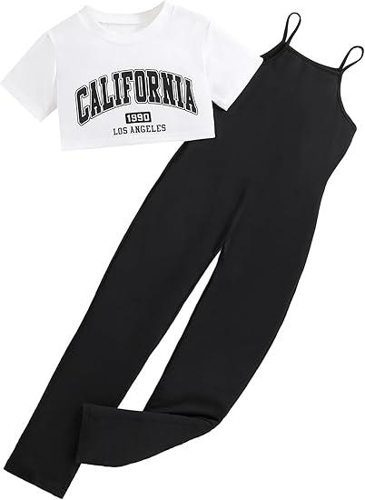 Hilinker Girl's 2 Piece Outfits Graphic Short Sleeve Crop Top and Cami Jumpsuit Set 11-12 years old