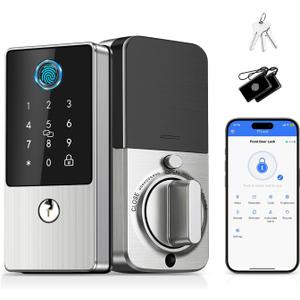 Smart Deadbolt Lock, Keyless Entry Door Lock with Keypad, Biometric Fingerprint Smart Lock for Front Door & Home Rental, App Control, Auto Lock, Long Battery Life, Nickel