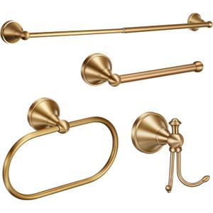 4 Pcs Antique Brass Bathroom Accessories Set Wall-Mounted Brass Towel Rack & Towel Ring & Toilet Paper Holder & Robe Hook, Wall Mounted Gold Vintage Bath Hardware Fixture Set