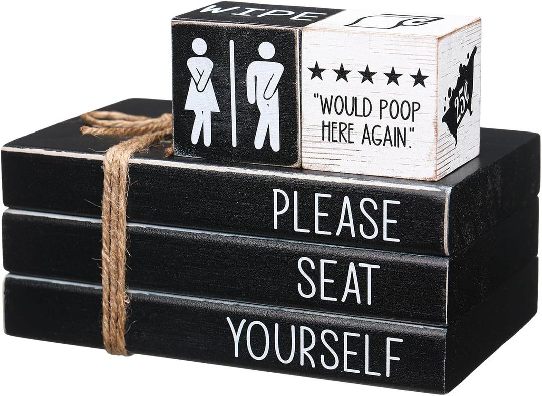 Blulu Funny Mini Bathroom Room Sign Decor Wooden Bedroom Shelf Decor Mini Preppy Farmhouse Tiered Tray Ornament Reversible Book Rome Shelf Signs for Toilet Home Wall