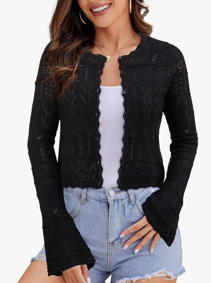FAIRY SEASON Women's Cropped Cardigan Sweater Bell Long Sleeve Lightweight Crochet Button Down Knit Bolero Shrugs for Dresses Black XL