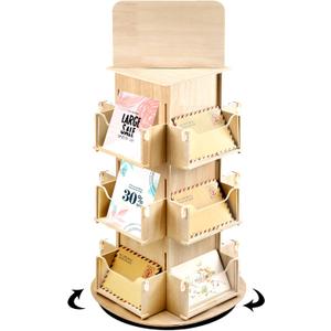 Spiareal Rotating Display Stand 3 Tier Rotating Sticker Display Stand Wooden Greeting Card Stand Multi Pocket Photo Holders Stand for Retail Craft Showcase(Wood)