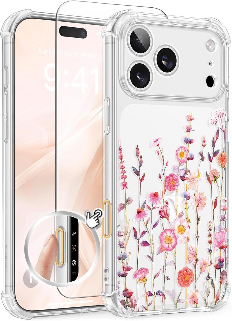 GVIEWIN for iPhone 17 Pro Case with Screen Protector, Upgraded [Full Camera Protection] [Non Yellowing] Floral Slim Shockproof Clear Women Phone Cover for iPhone 17 Pro 6.3" (Floratopia/Colorful)