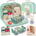 Dollhouse Kitchen Furniture Suitcase Set for Kids, 2 Flexible Dolls/Dining Tble/Kitchenware/Tableware/Refrigerator/Bread, Pretend Play Dollhouse Accessories Christmas Birthday Gift for Girls Ages 3+
