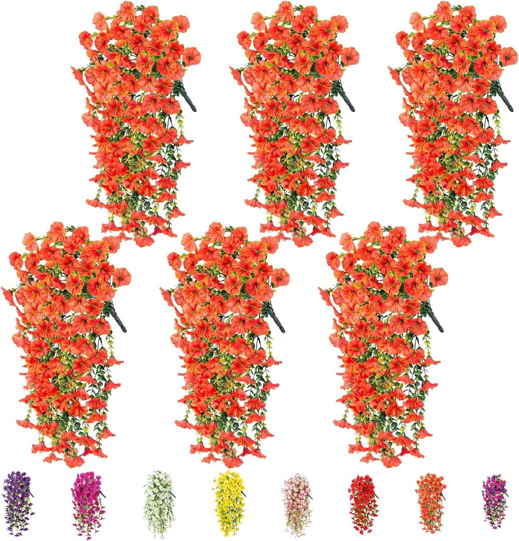 6-Pack Outdoor Artificial Flowers, 69-Flowered Large Morning Glory, Uv-Resistant Artificial Morning Glory,Perfect for Outdoor Decoration in All Seasons Such as Porches and Gardens (Orange)