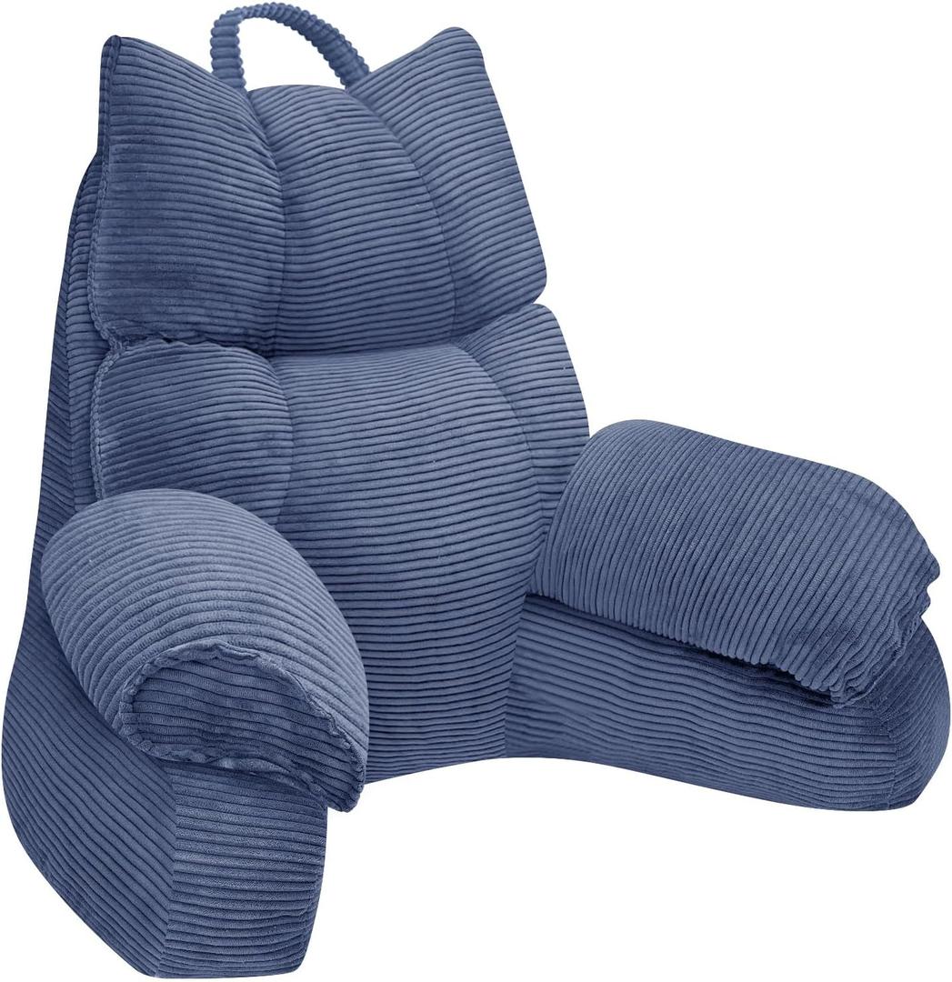 RRPAHWTV Reading Pillow for Bed with High Arm Rests,Back Support Pillow for Sitting Up in Bed with Shredded Memory Foam for Reading, TV, Gaming or Relaxing on FloorDark Blue, Small