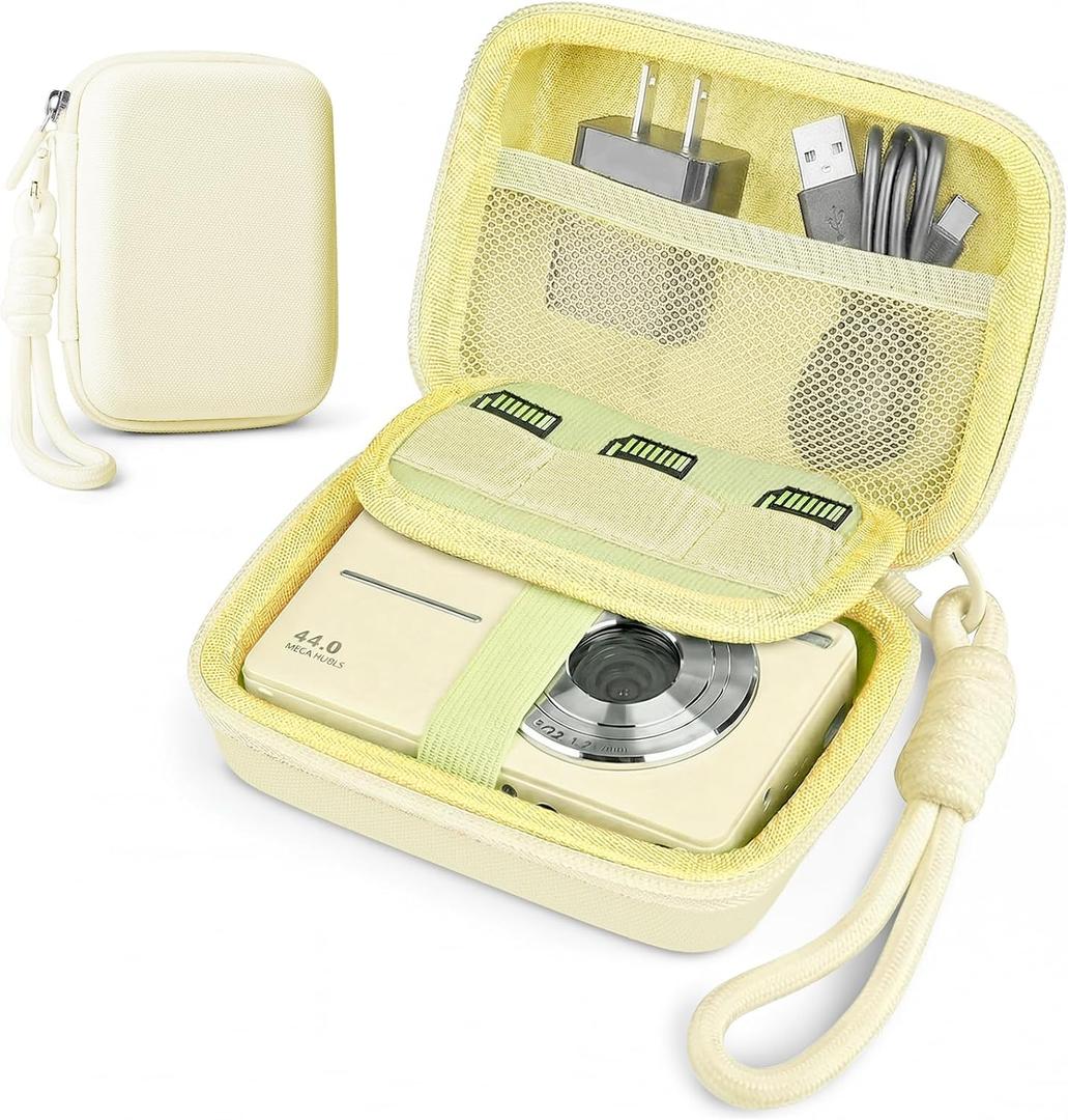 Digital Camera Case for CAMKORY/KODAK PIXPRO FZ45/FZ55/Canon IXUS 285 HS/AbergBest/Sony DSCW800/DSCW830 - Small Travel Compact Camera Holder with Mesh Pocket for SD Card & Accessories (Pale Yellow)