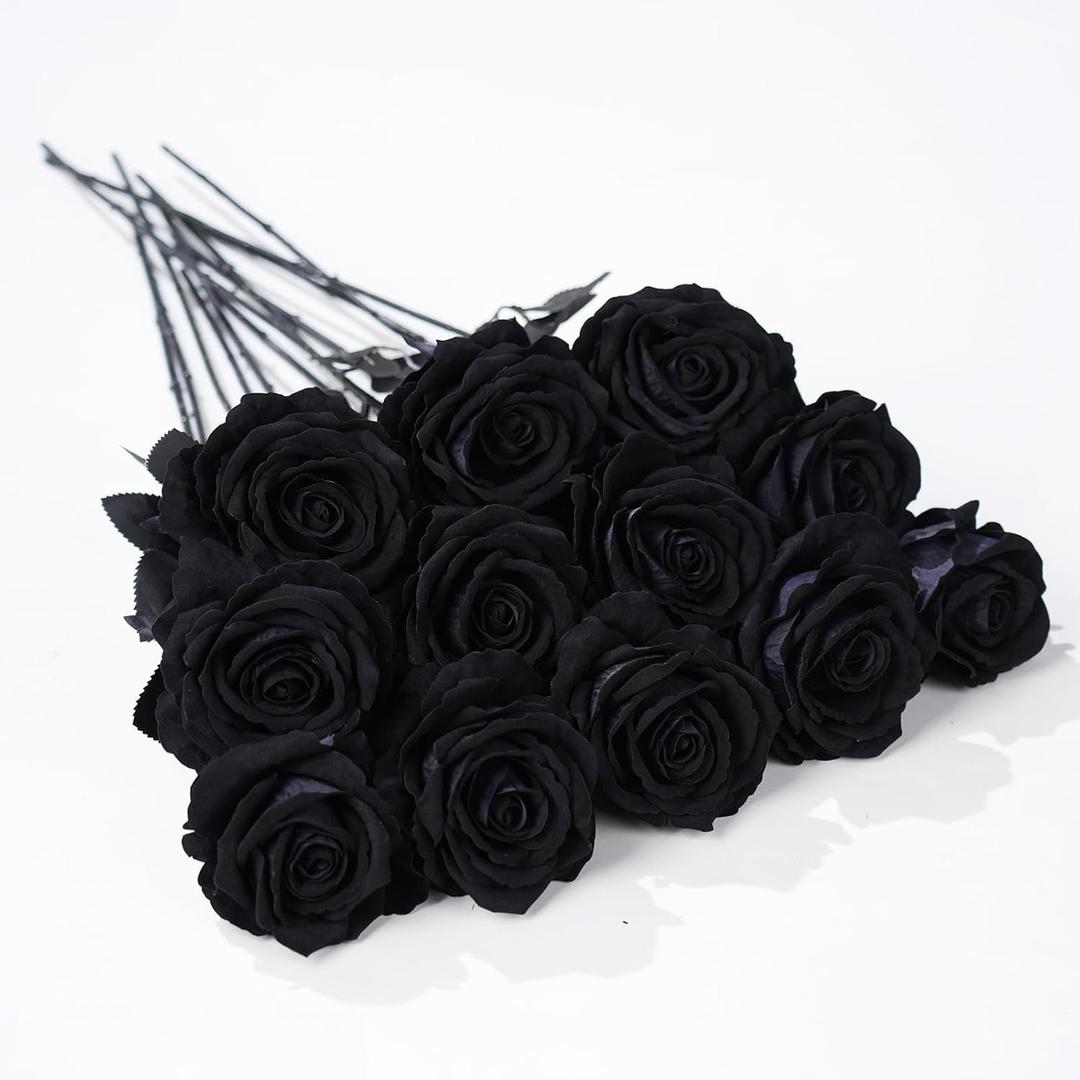 12 Pcs Black Roses Artificial Flowers with Long Stem, Faux Silk Rose Bouquet Realistic Lifelike Fake Floral Bundles for Halloween Valentine's Day Wedding Party Table Centerpiece Decor, Large