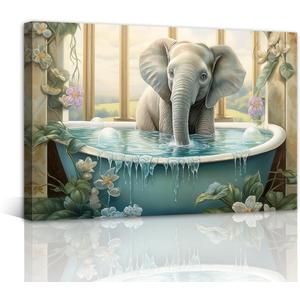 NAMENLAIMI Elephant Bathroom Wall Art Elephant in Bathtub Canvas Prints Funny Animal Paintings Bathroom Pictures for Toilet Farmhouse Wall Decor(Bathroom-3,16.00" x 24.00")