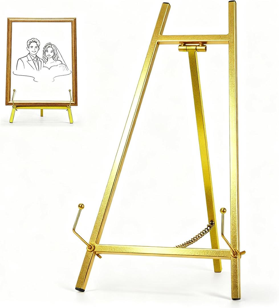 16.5" Metal Easel Stand for Sign  Elegant Table Top Easel for Display, Heavy Duty Tabletop Picture Easel Stand for Wedding Sign, Picture Frame, and Art (Gold)