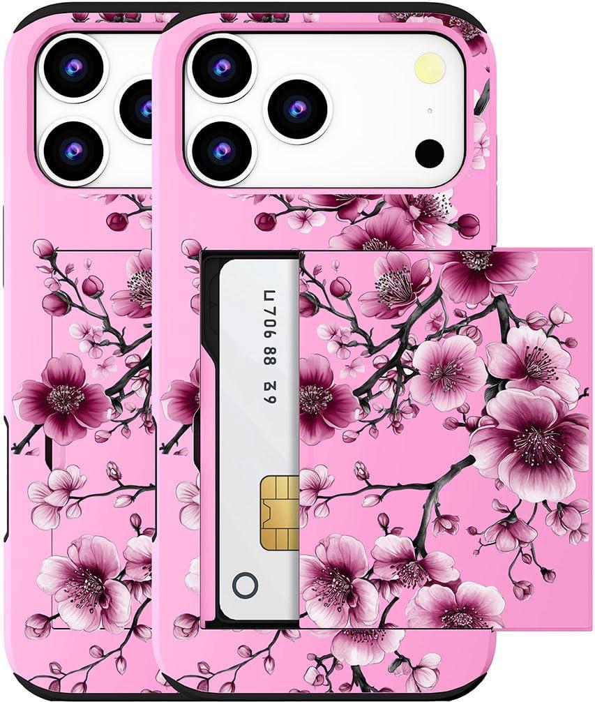 Compatible for iPhone 17 Pro Max Case with Card Holder Cute - Kawaii Design Military-Grade Drop Protection Rugged Wallet Cases for Women (Pink Cherry Flower Blossom)