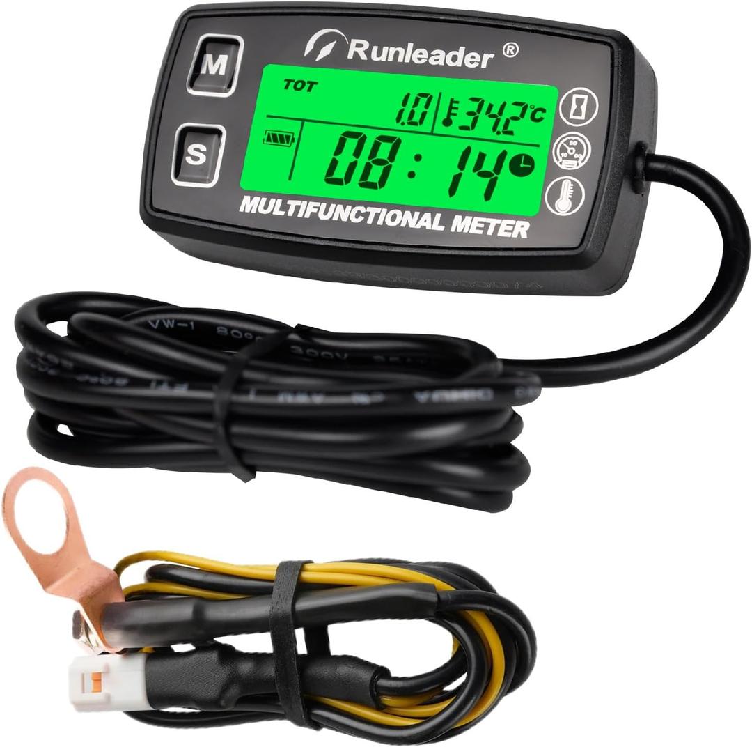 Runleader Digital Tach Hour Meter,Engine Temperature Gauge,Alert RPM & Temp,Backlights Display for Lawn Tractor Compressor Generator Snowmobile Marine Jet Ski Pit Bike (RL-HM035A-TS002)