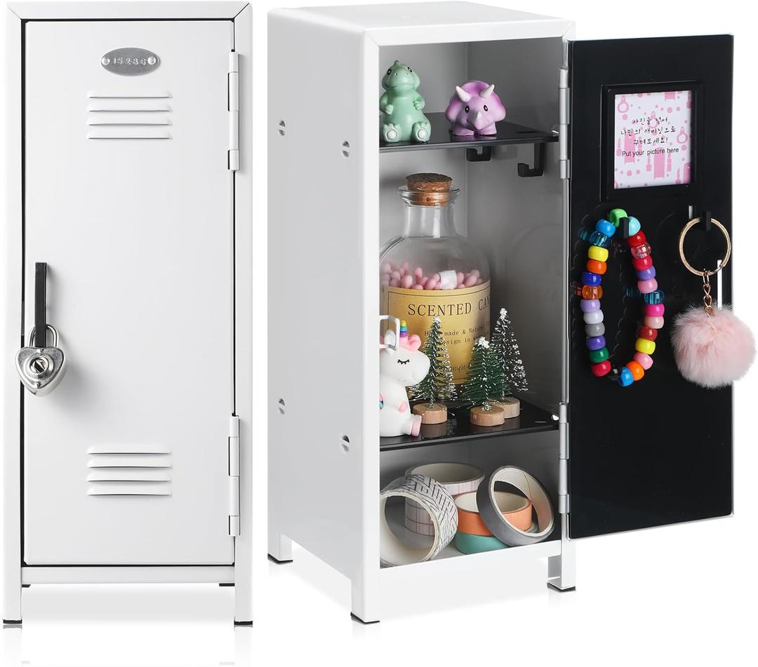 Vercraft 2 Pcs Mini Metal Locker Storage with Lock and 2 Keys 10.8 Inch Small Money Security and Cash Safe Box for Jewelry Back to School Home Office Desktop Container(White)