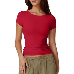 QINSEN Women's Crew Neck Short Sleeve Tees Double Lined Slim Fit T Shirt Basic Y2K Tops (XX-Large, Fiery Red)