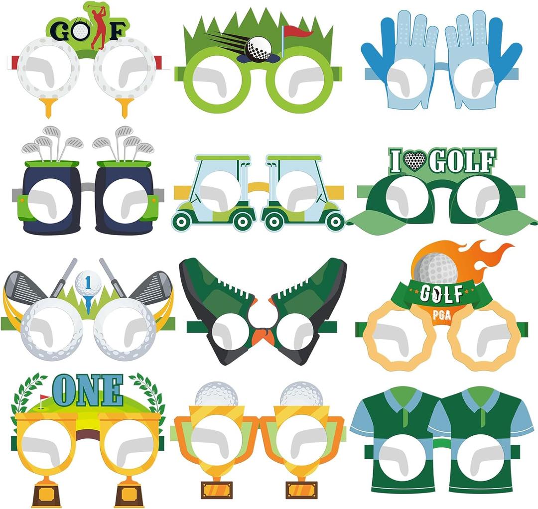 24 Pcs Golf Themed Party Paper Eyeglasses Photo Booth Props Colorful Novelty Golf Ball Cart Paper Glasses Decorations for Adult Ball Sports Theme Birthday Party Decoration