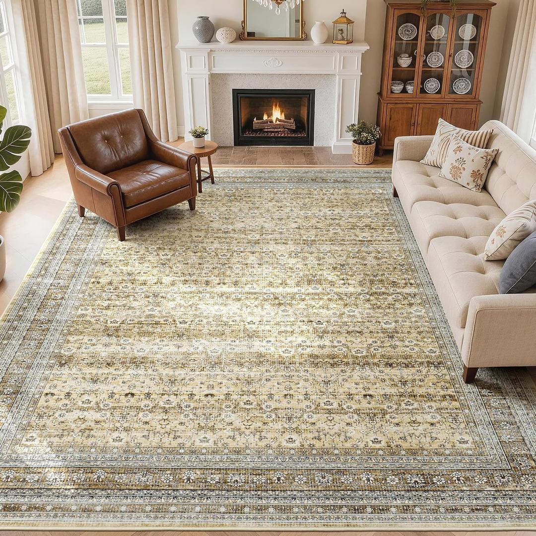 8x10 Washable Area Rugs for Living Room Bedroom,Beige Soft Non-Slip | Large Boho Vintage Carpets, High-Power Vacuum, Low Pile for High-Traffic Areas, Kids Pet Friendly, For Dining Nursery Office