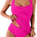 Eomenie Womens Halter Tankini Bathing Suit Ruched Tummy Control Two Piece Swimsuit with Bottom (X-Large, Hot Pink)