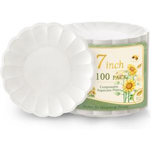 WELLIFE 100 Count 7 Inch Scalloped Dessert Plates - Elegant Floral Shape for Cake, Birthday Party, Baby Shower,Wedding - Compostable Bagasse & Leak Resistant, Microwave Safe (White)