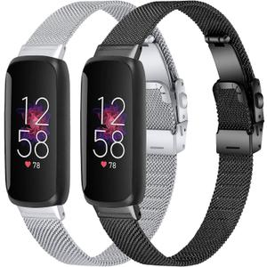 FitTurn 2PACK Slim Band Compatible with Fitbit inspire 3 SmartWatch, Mesh Stainless Steel Adjustable Watchband Wristbands Bracelet Watch Band for Fitbit inspire 3 Health & Fitness Tracker (Black,Silver)
