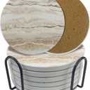 Ceramic Coasters Set of 6, Marble-Textured Design with Holder - Absorbent Cork-Backed Coasters for Cups, Bar & Coffee Table Decor Accessories (Khaki Marble-Thin, 6 Pack-Thin)