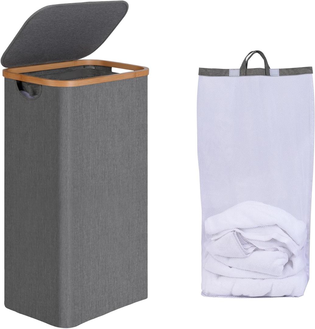 Slim Laundry Basket with Lid, Narrow Laundry Hamper with Removable Bag, Skinny Dirty Clothes Basket with Bamboo Handles for Bathroom, Bedroom & Laundry Room, 75L Grey 
