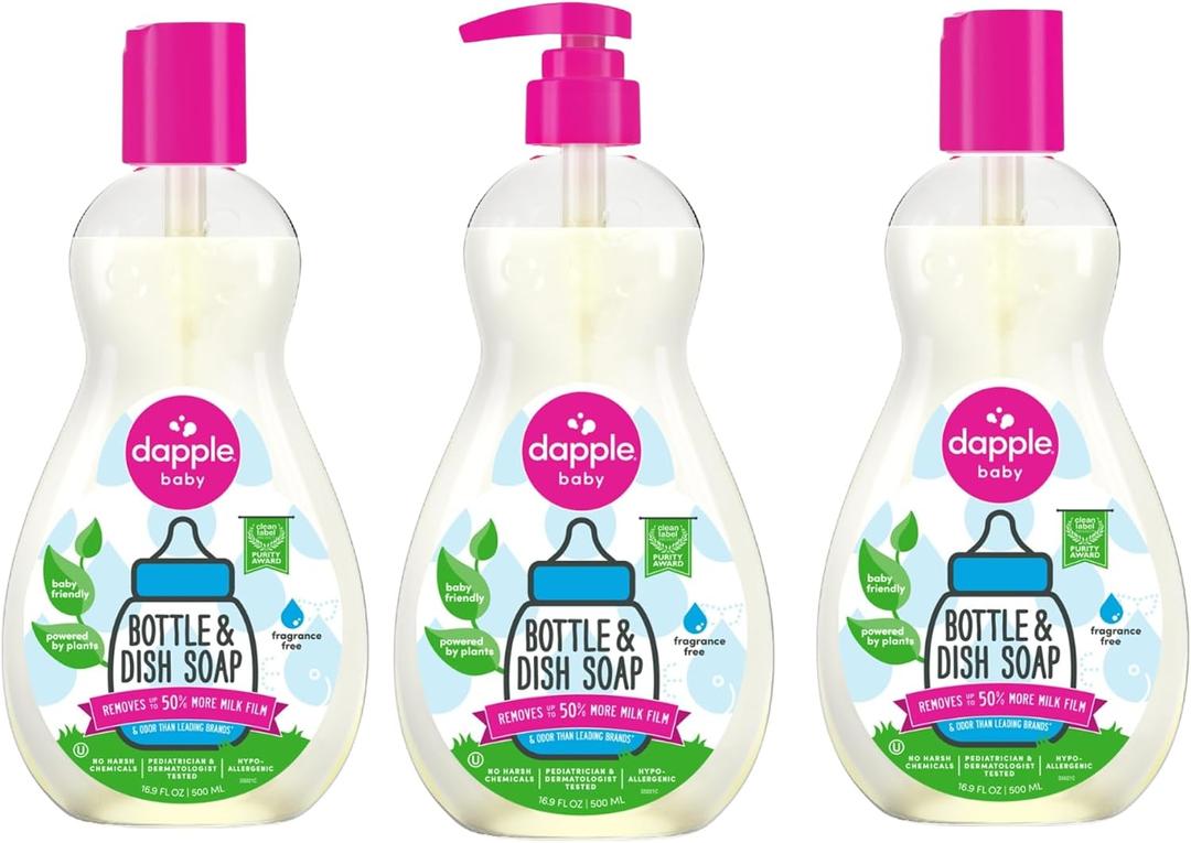 Dapple Baby Fragrance Free Bottle & Dish Soap - (3 Pack) 16.9 fl oz - Cleans Baby Bottles, Sippy Cups, Pacifiers, Breast Pumps, & More - Gently Removes Milk Film & Odors - Includes 1 Pump
