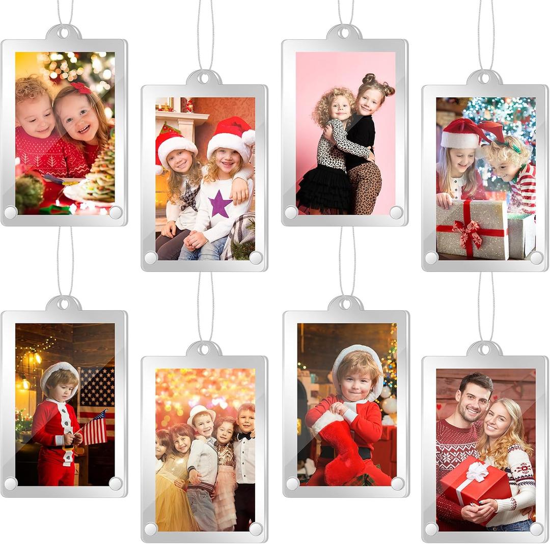 Weysat 8 Pcs Christmas Acrylic Photo Ornaments Hanging Picture Frame Ornaments 2 x 3 Inch Picture Frames with Magnetic Attraction for Christmas Tree Tear The Scratch Film Before Use(Silver)