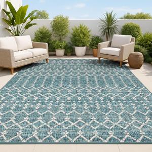 JONATHAN Y Moroccan Geometric Indoor Outdoor Area Rug 5X8 Teal/Gray, Ourika Textured Weave for Backyard, Patio, Porch, Easy-Cleaning, High Traffic, Pet-Friendly, Non-Shedding (SMB108C-5) (5'3" x 7'7" (Rectangular))