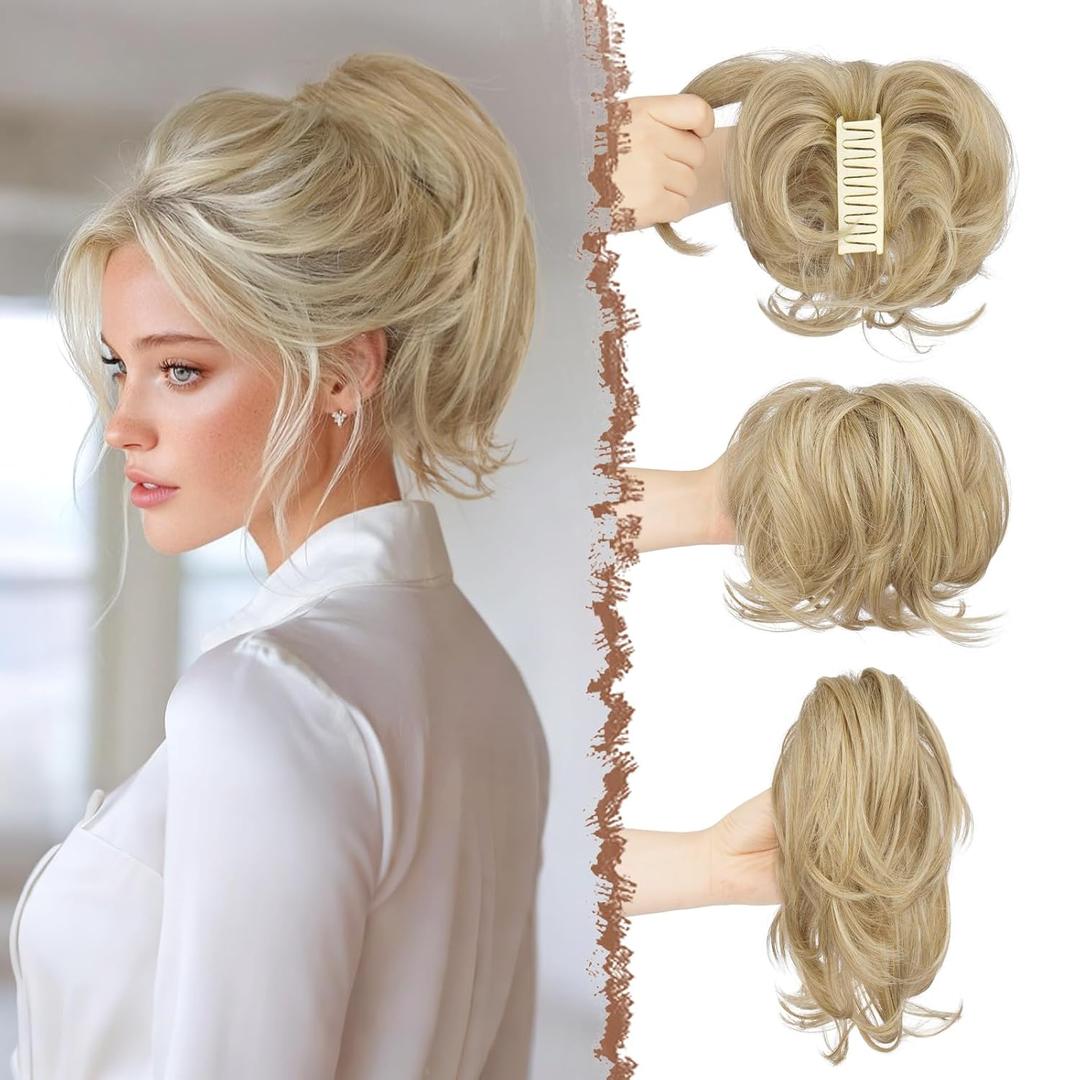 FESHFEN Claw Clip Short Ponytail Extensions - DIY Bendable Metals Fluffy Messy Bun Hair Piece Straight Synthetic Hairpieces Ponytail Extension for Women, Dirty Blonde