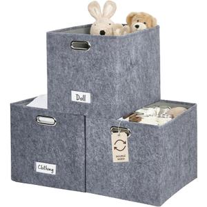 DECOMOMO Felt Storage Bins 13x15x13 Storage Cube Bins with Labels, Baskets for Organizing Shelves (Kallax / 3pcs, Dark Grey)