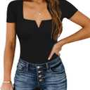 Chunpin Women's Short Sleeve Bodysuit Square Neck Notch V Neck Bodysuits Double Lined Tops Going Out Outfits Thong Bodysuits, Large