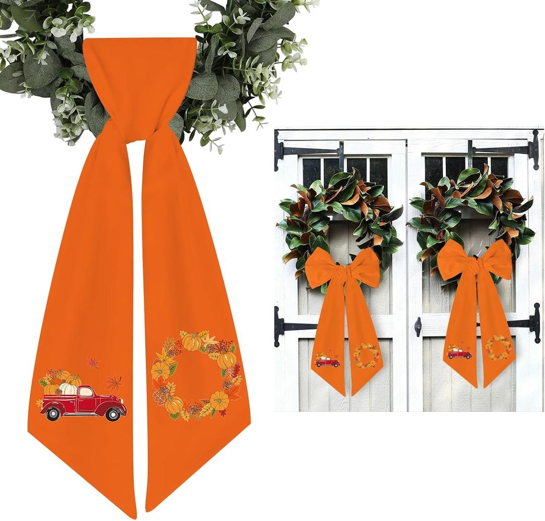 2PCS Fall Wreath Sash for Front Door - Autumn Wreath Satin Sash Embroidery Monogram Pumpkin Maple Leaf Harvest Decorative Door Hanger Garland Yard for Thanksgiving Gifts, DIY Sash Decor(55 x 5 inches)