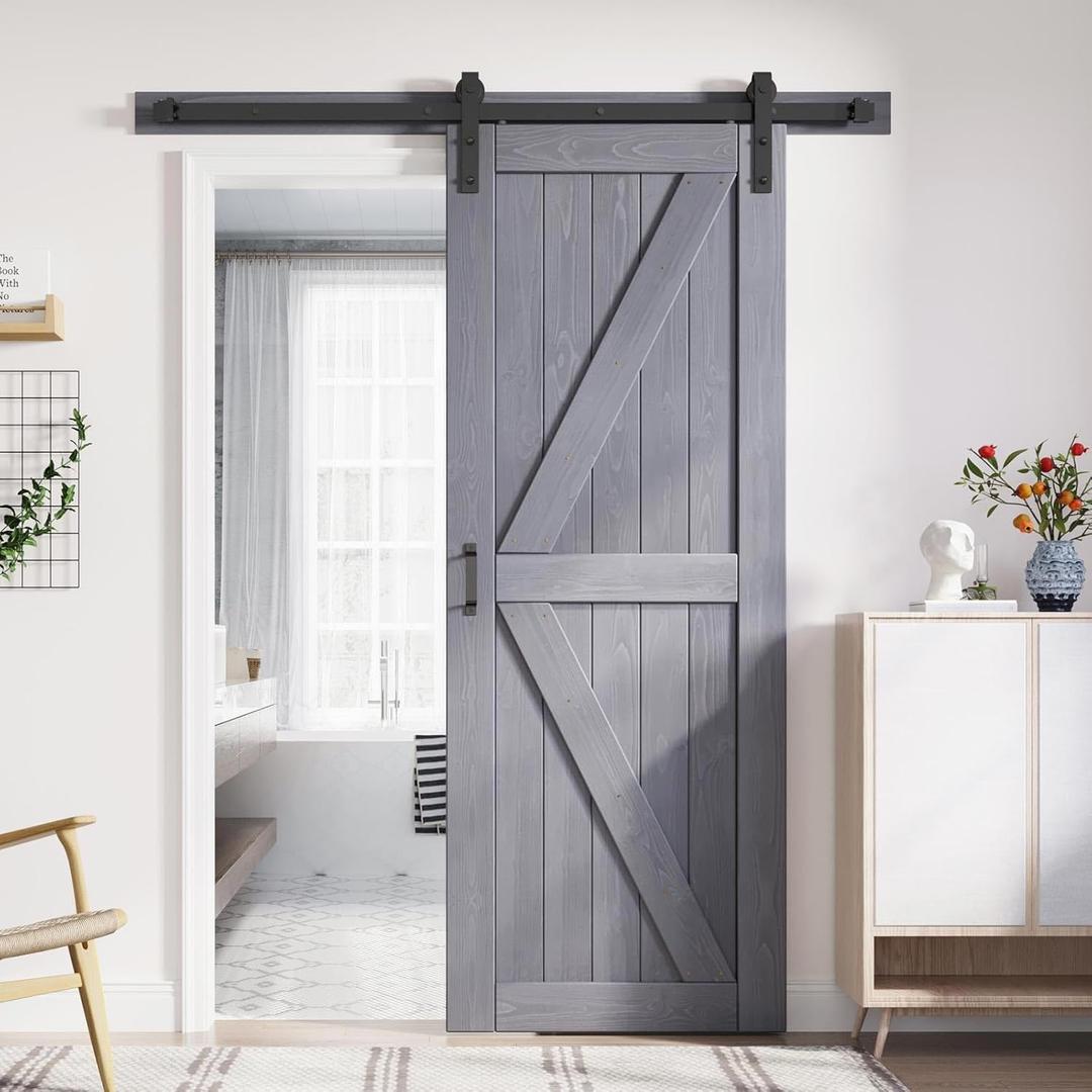 FREDBECK 32in x 84in Gray Wood Barn Door Slab with 5.5ft (66inch) Barn Door Hardware Track Kit Included, Double Surfaces,Simple Assembly is Required,K-Frame,Grey
