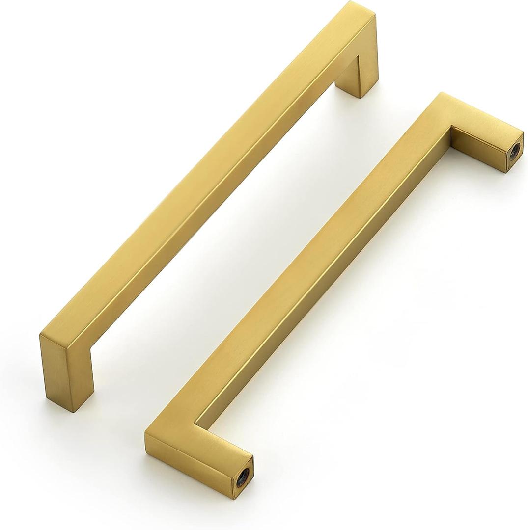 Ravinte 5 Pack 6-1/4 Inch Square Cabinet Handles, Brushed Brass Finish, Stainless Steel Kitchen Hardware Pulls with 6-1/4" (160mm) Hole Center for Cabinets, Gold (6-1/4 Inch Hole Center)