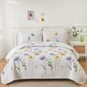 Dinjoy Floral Quilt Set King 3 Pieces Blue & Yellow Quilts Coverlet Set Bohemian Summer Bedspread Lightweight Farmhouse Bed Coverlet for Spring All Season, (90"x110")