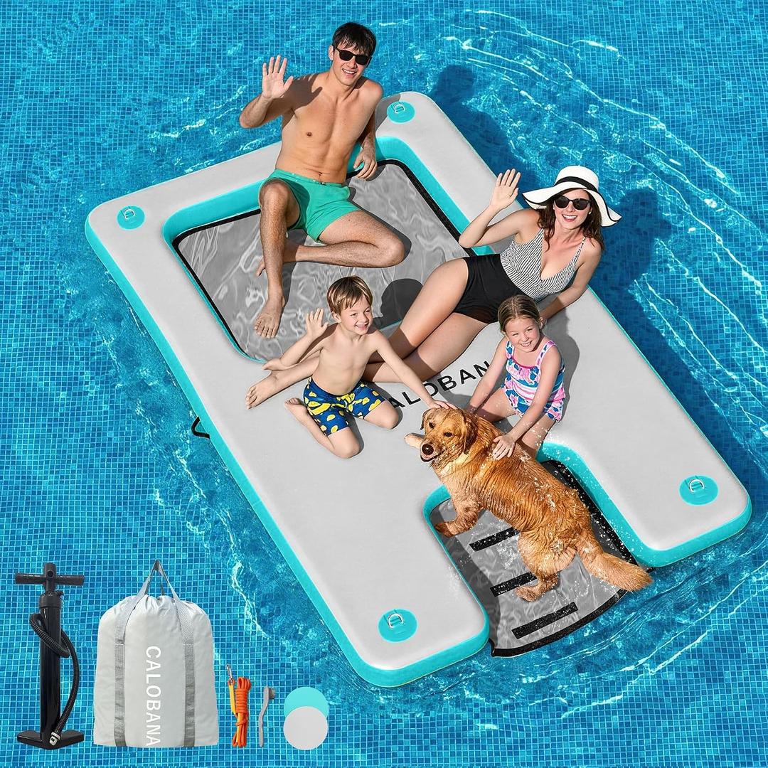 CALOBANA Inflatable Floating Dock with Boat Ramp,Lake Floats with Mesh,Tanning Pool Lounger Water Hammock for Family Party Pool Sea River Dock Boat, 10ft6ft6in