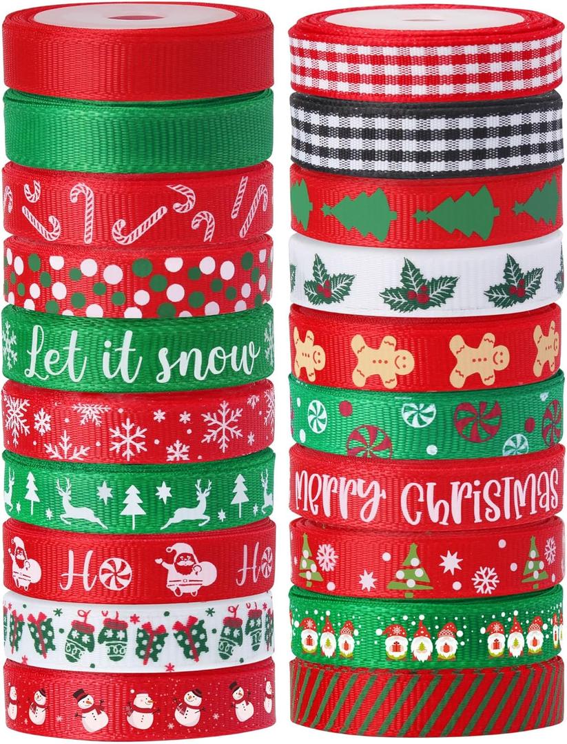 Vloso 20 Rolls 100 Yards Christmas Ribbon for Gift Wrapping,3/8 Inch Christmas Grosgrain Ribbon,Christmas Ribbon for Crafts DIY Holiday Christmas Decorations
