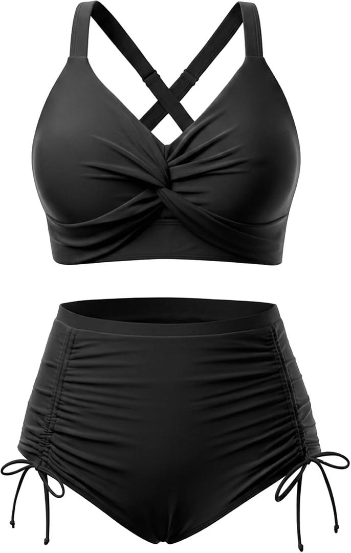 Womens Plus Size High Waisted Bikini -Twist Front Two Piece Swimsuit 2025 Tummy Control Bathing Suits with Drawstring
